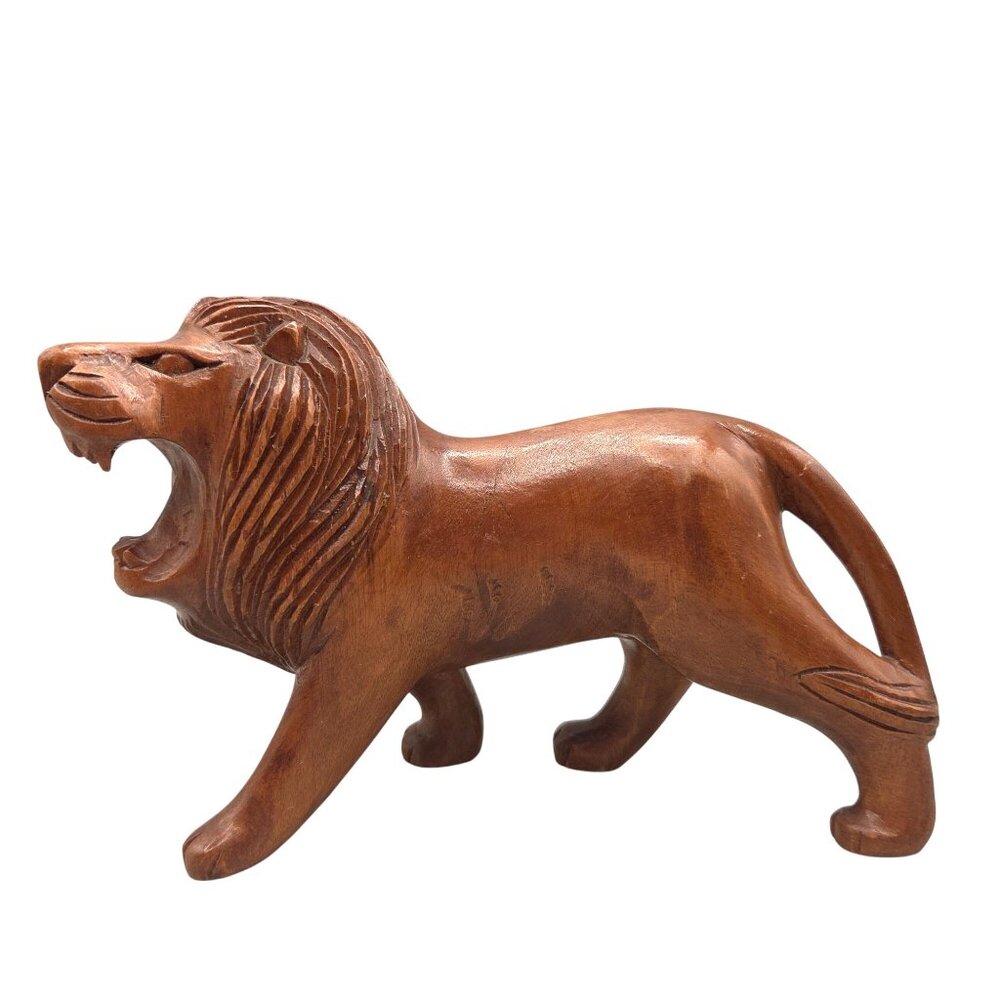 Hand-Carved Wooden Lion Figurine Sculpture Collectible Animal Decor